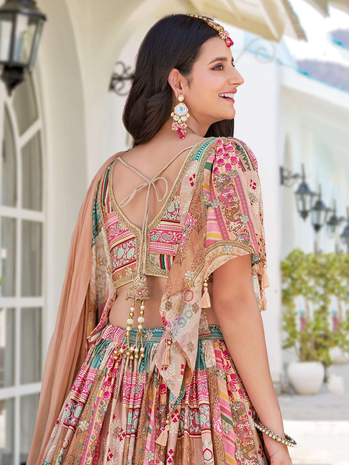  Beige Multicolor Chinnon silk Heritage and flower Print on Lehenga Choli reseller in surat 7050 Beige